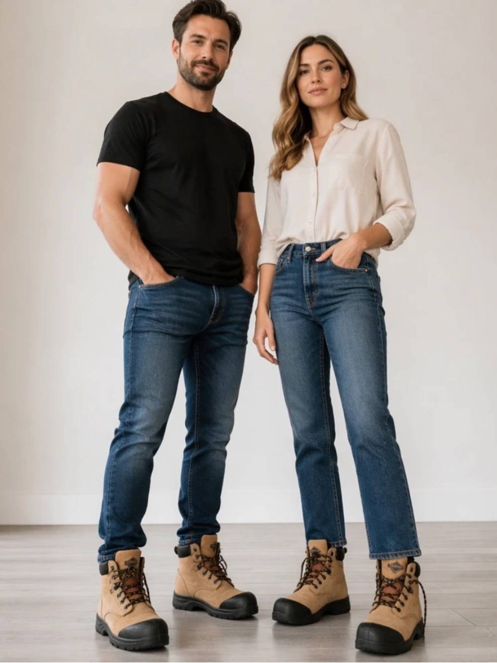 Unisex Tan Suede Work Boots with Black Toe Caps